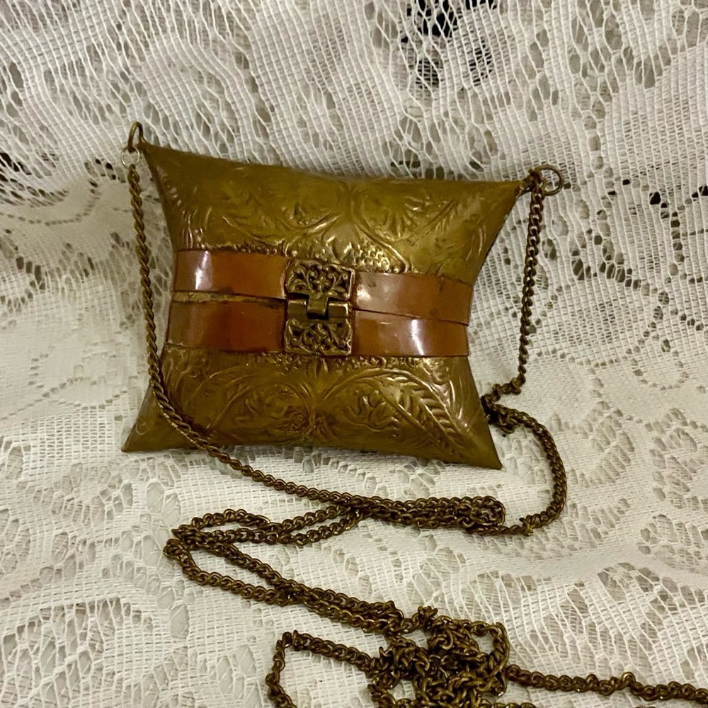 Antique-Art Deco Brass-Copper Small Pillow Purse-Crossbody 4in x 3in x 1.5in